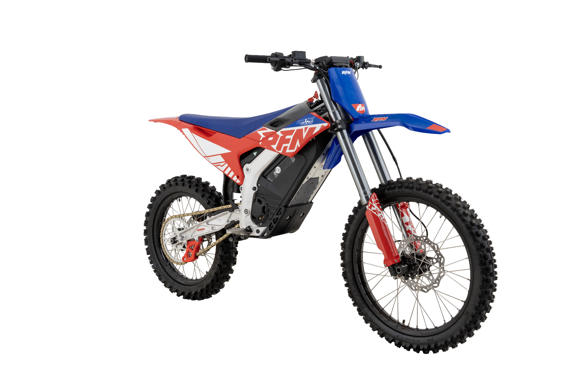 RFN Warrior Pro SX-E15 Plus — render 3/4 z przodu z lewej, elektryczny motocykl crossowy klasy 250cc