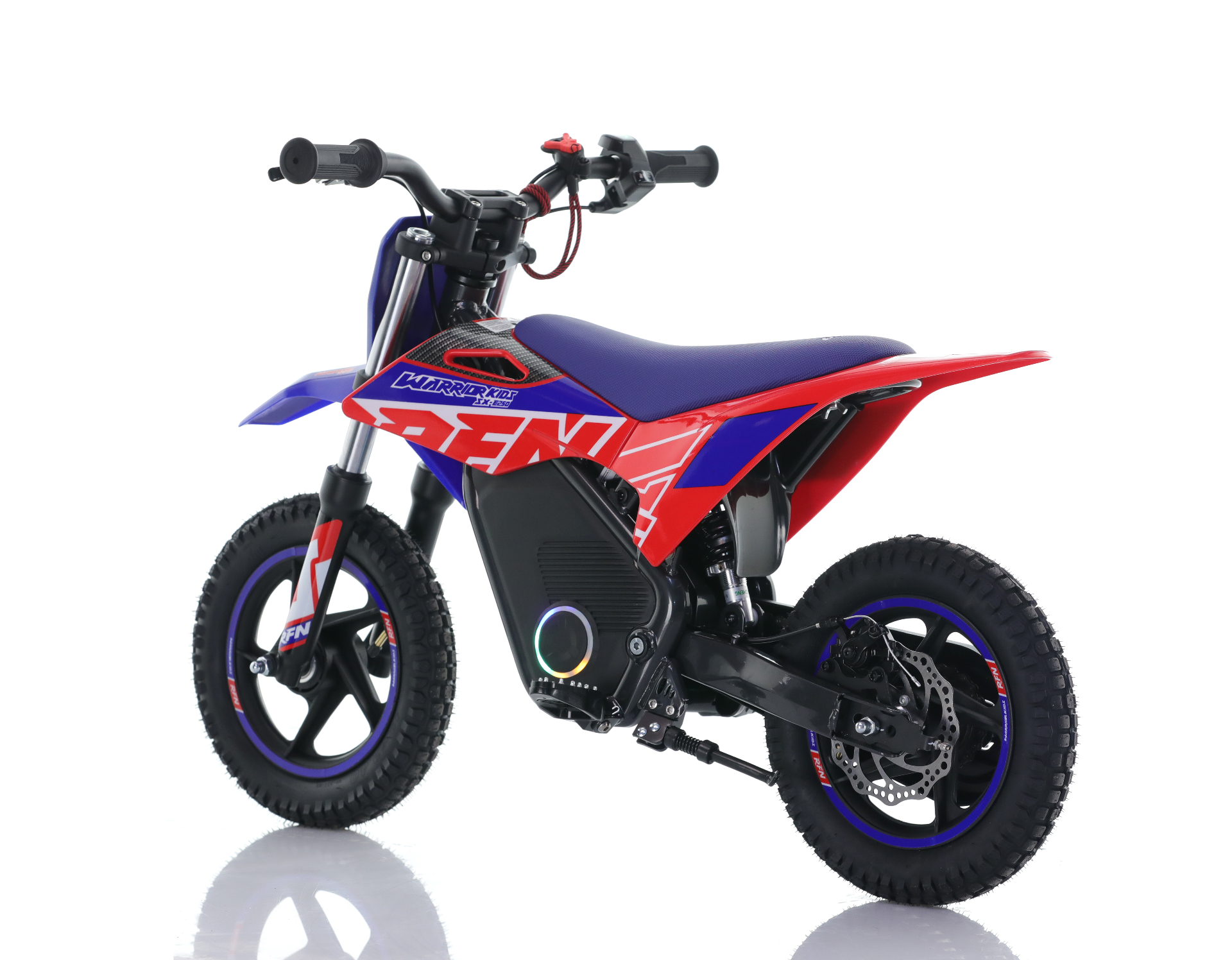 RFN Warrior Kids SX-E250 — elektryczny pit bike 250W dla dzieci, ujęcie 3/4 z przodu (niebieski)