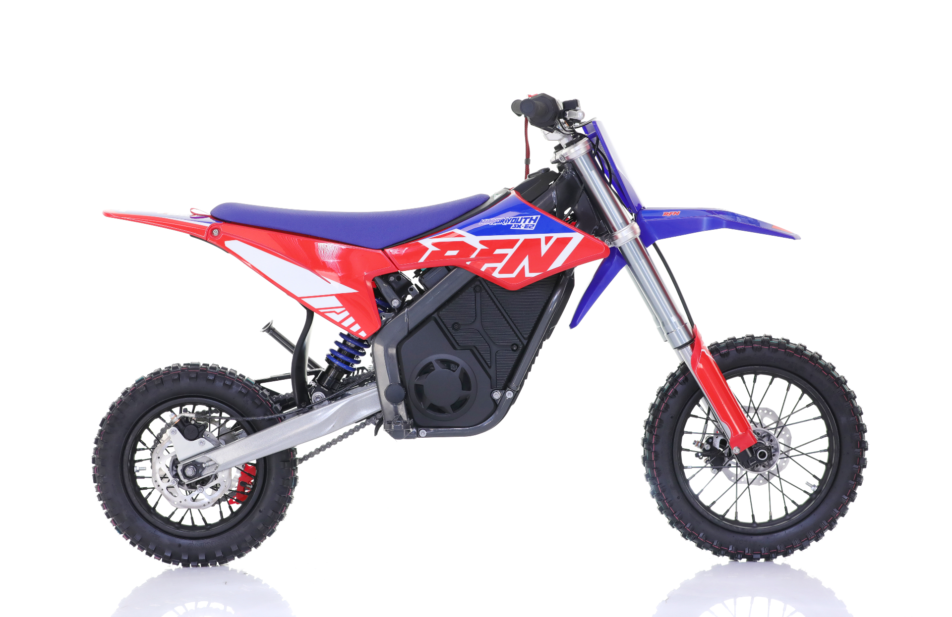 RFN Warrior Youth SX-E2 — elektryczny cross młodzieżowy, bok prawy, widoczne zawieszenie i akumulator 48V