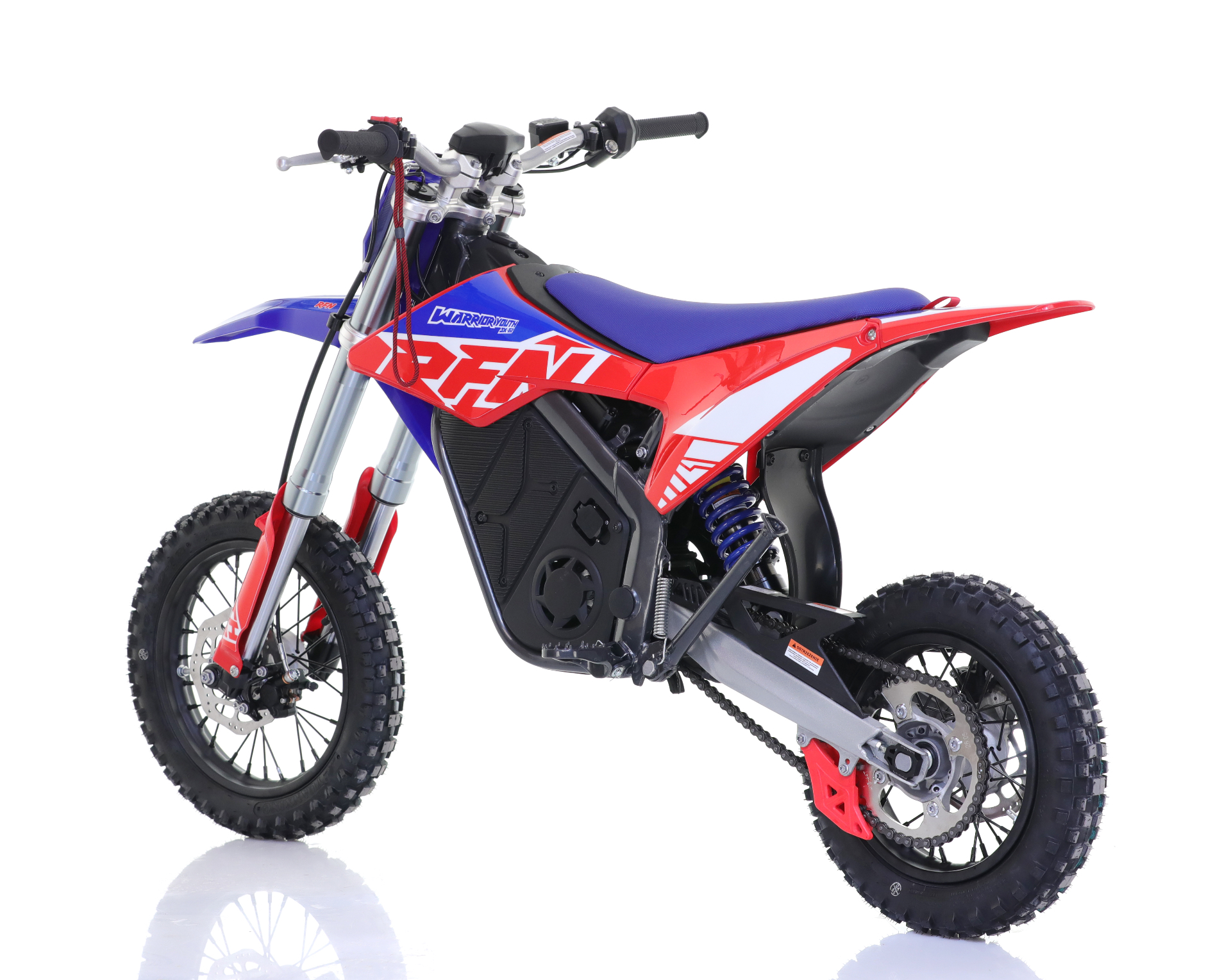 RFN Warrior Youth SX-E2 — elektryczny motocykl dla młodzieży, ujęcie 3/4 z lewej strony