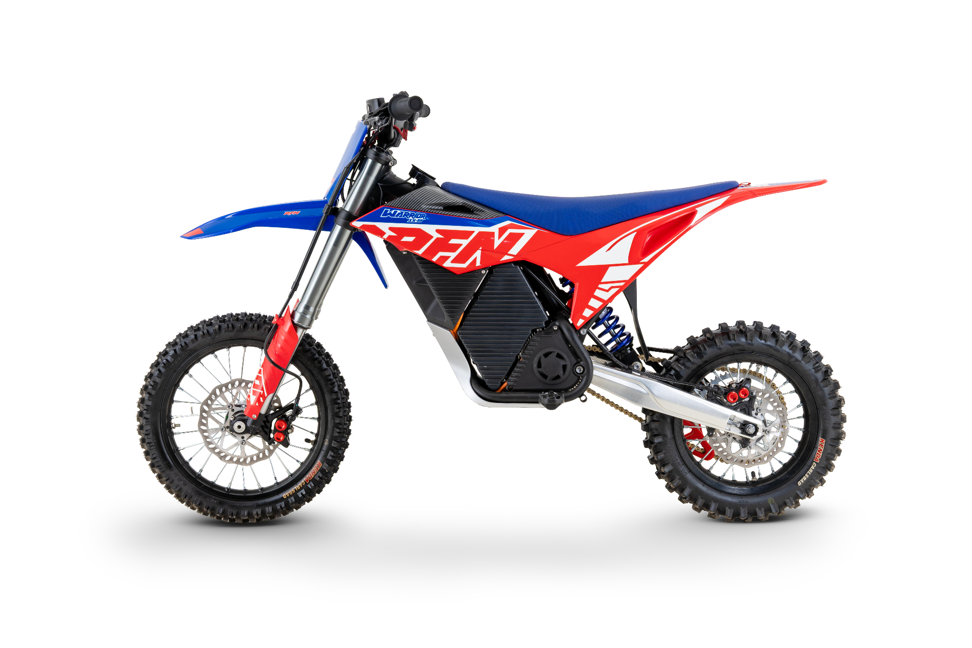 RFN Warrior SX-E8 — elektryczny cross 8 kW, bok lewy z ramą i akumulatorem 60V 40Ah