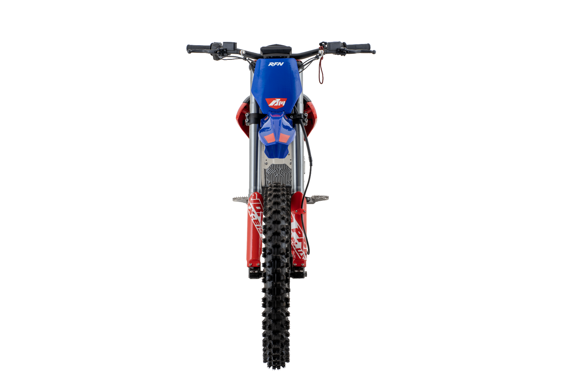 RFN Warrior Pro SX-E15 Plus — render widok z przodu, tablica startowa RFN i osłony widelca