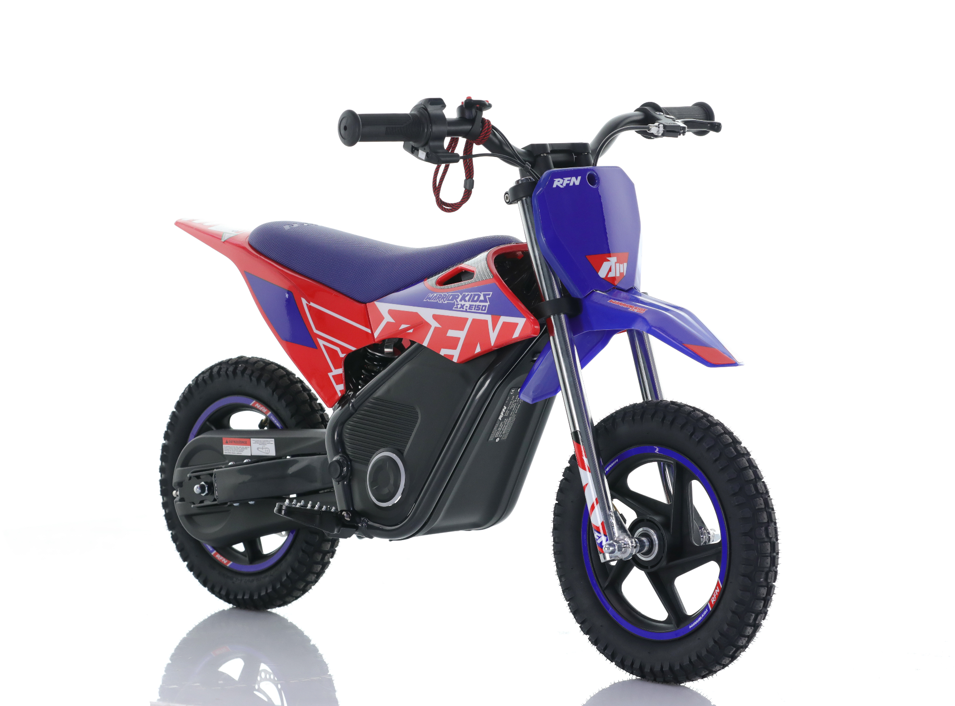 RFN Warrior Kids SX-E150 — elektryczny pit bike dla dzieci 4–7 lat, ujęcie 3/4 z przodu z prawej
