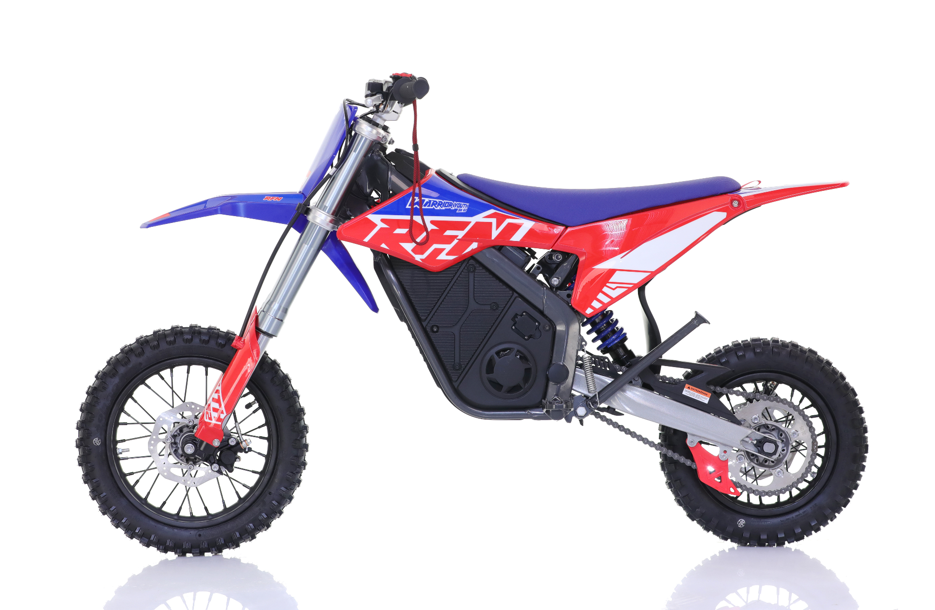 RFN Warrior Youth SX-E2 — elektryczny motocykl dla młodzieży, bok lewy z ramą aluminiową