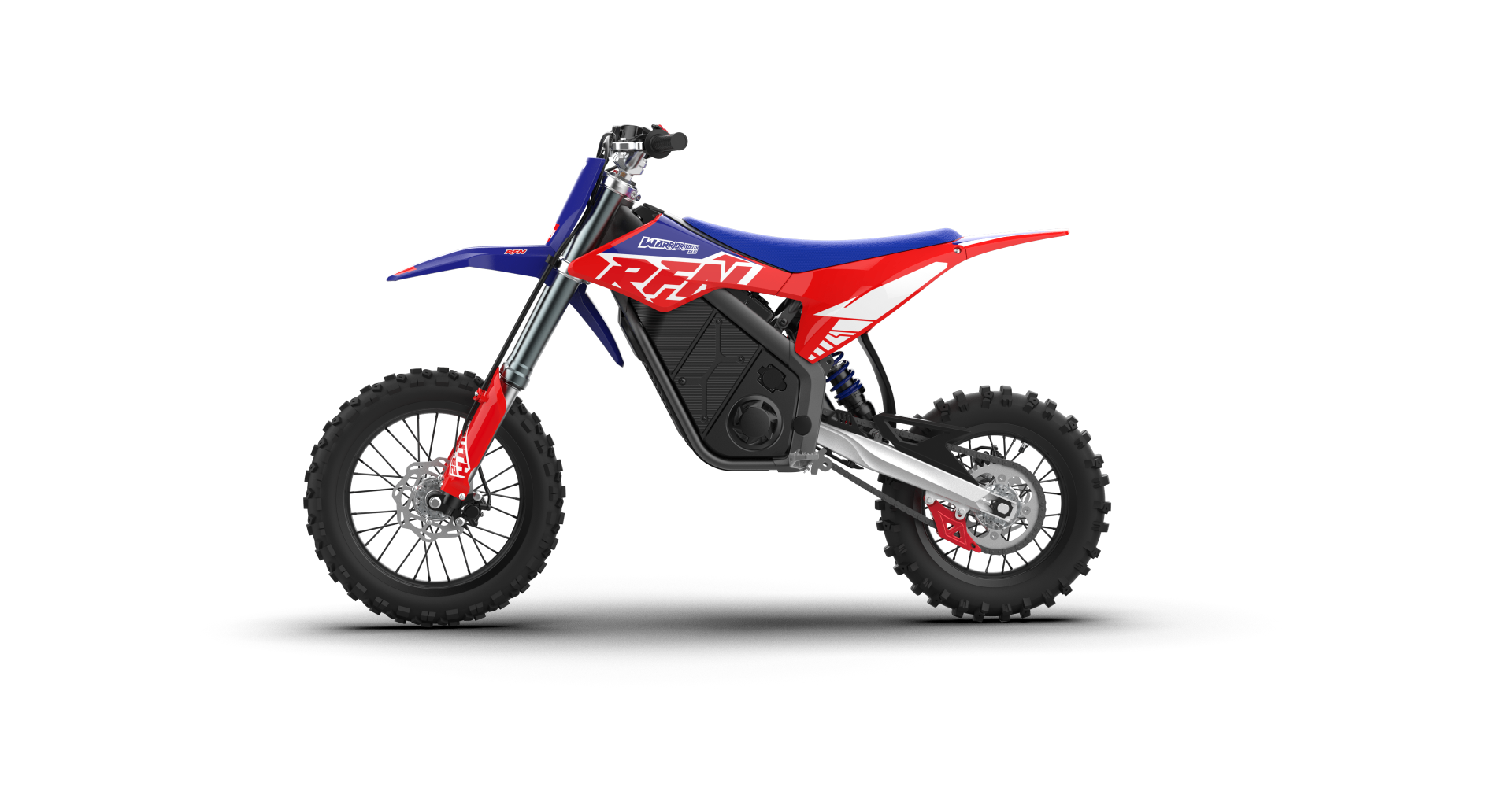 RFN Warrior Youth SX-E2 — render 3D bok lewy, elektryczny motocykl dla młodzieży